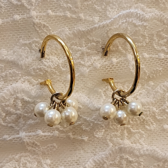 Gold Toned Hoops With Dangle Drop Faux Pearl Clusters Pierced Earrings - Picture 1 of 7